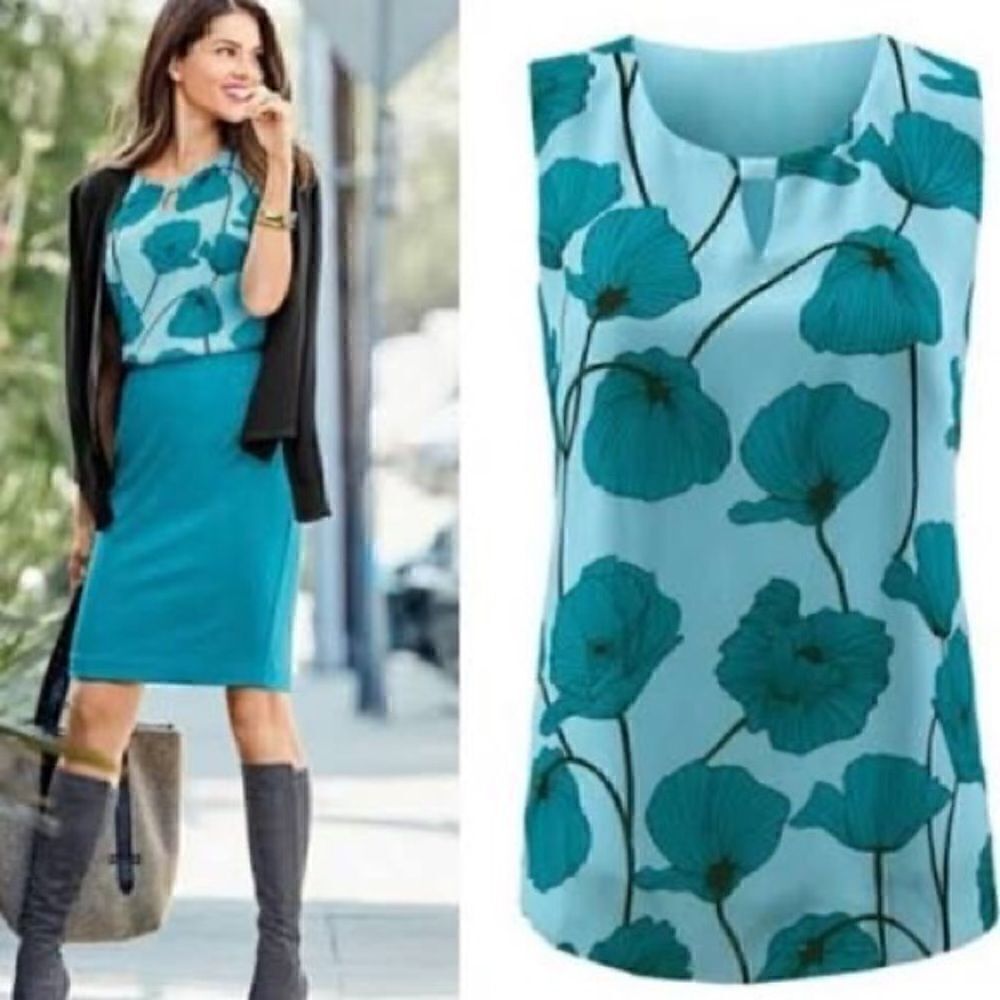 Cabi Teal Blue Poppy Floral Sleeveless Blouse